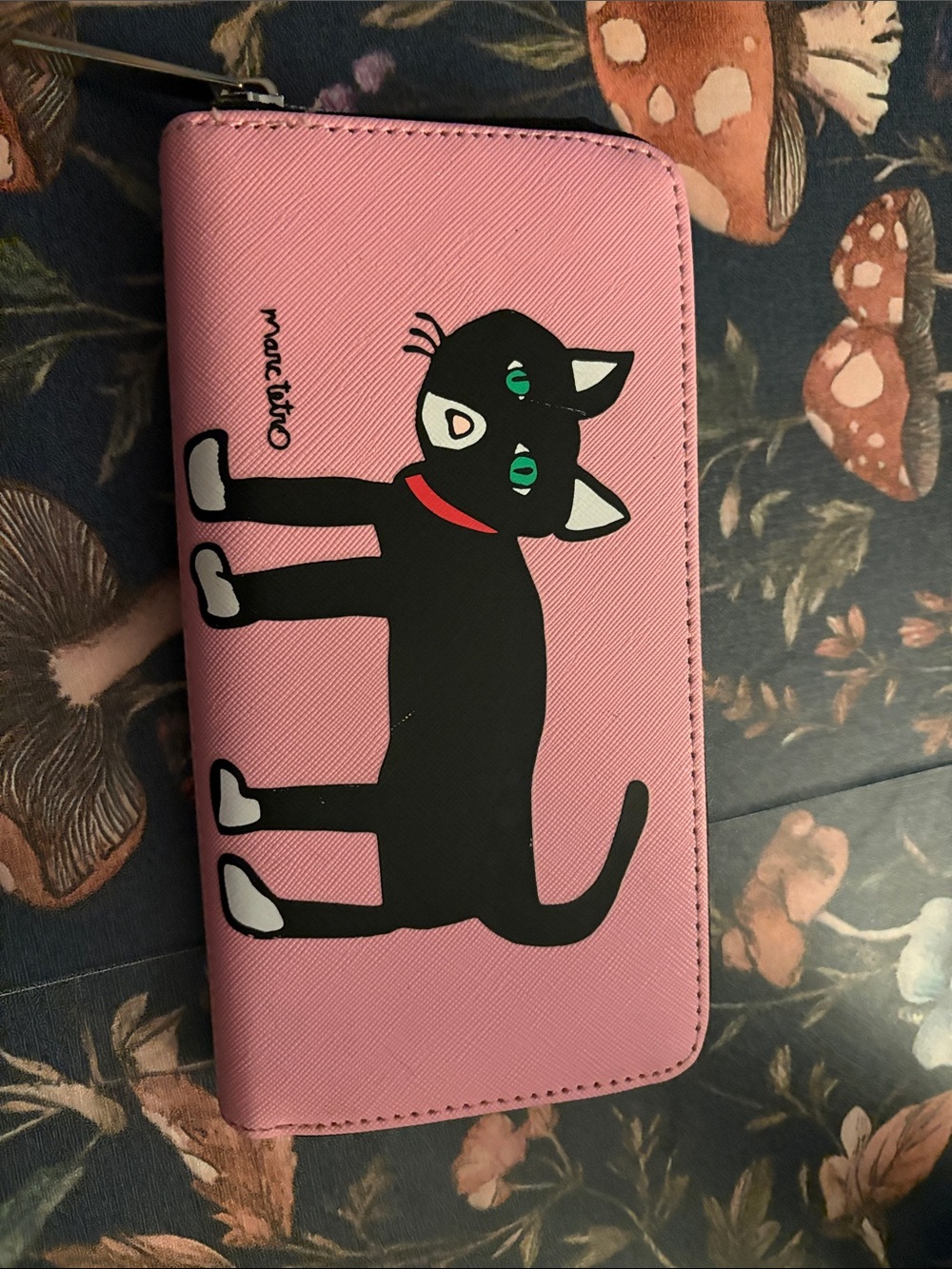 Pink Cat Zip Wallet with Black Cat Illustration